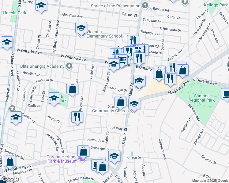 map of restaurants, bars, coffee shops, grocery stores, and more near 315 Nanners Way in Corona