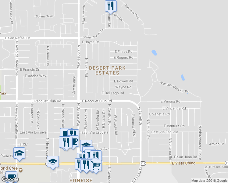 map of restaurants, bars, coffee shops, grocery stores, and more near 2120 East Del Lago Road in Palm Springs