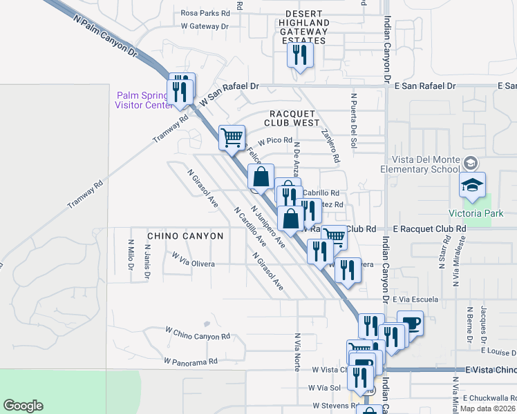 map of restaurants, bars, coffee shops, grocery stores, and more near 2583 North Palm Canyon Drive in Palm Springs