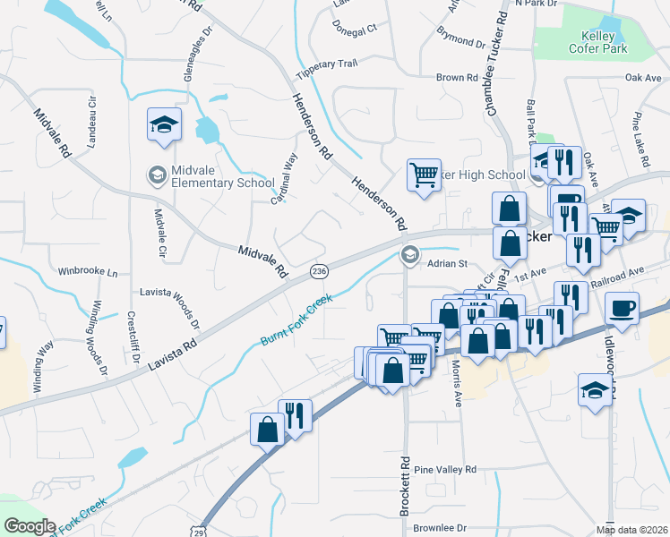 map of restaurants, bars, coffee shops, grocery stores, and more near 4749 Lavista Road in Tucker
