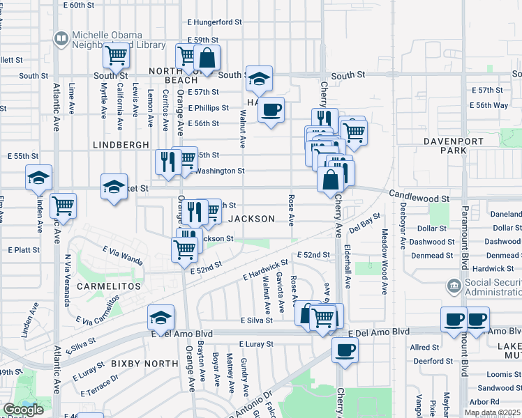 map of restaurants, bars, coffee shops, grocery stores, and more near 1648 East Plymouth Street in Long Beach