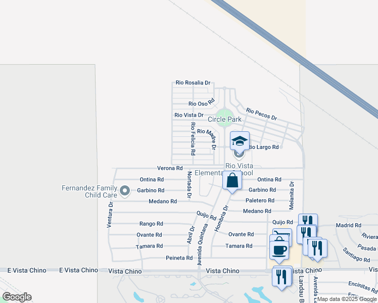 map of restaurants, bars, coffee shops, grocery stores, and more near 67442 Rio Largo Road in Cathedral City