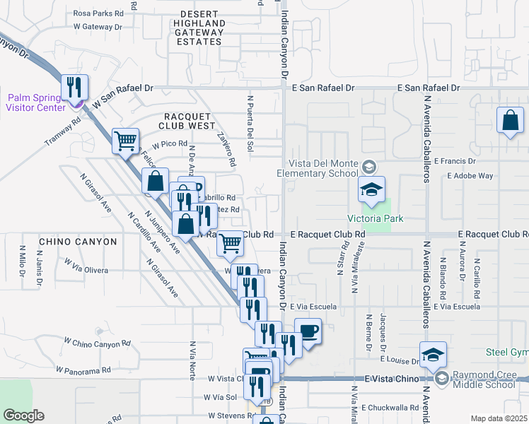 map of restaurants, bars, coffee shops, grocery stores, and more near 130 West Racquet Club Road in Palm Springs