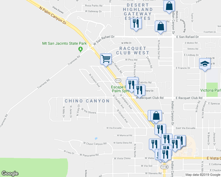 map of restaurants, bars, coffee shops, grocery stores, and more near 2620 North Cardillo Avenue in Palm Springs