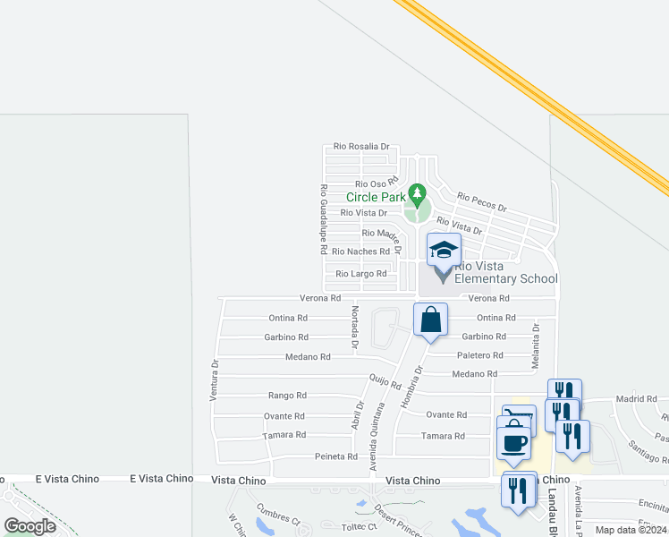 map of restaurants, bars, coffee shops, grocery stores, and more near 67374 Rio Largo Road in Cathedral City