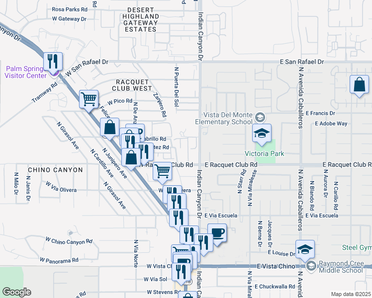 map of restaurants, bars, coffee shops, grocery stores, and more near 130 West Racquet Club Road in Palm Springs