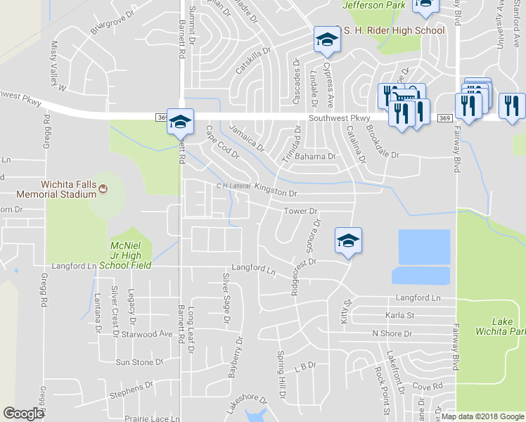 map of restaurants, bars, coffee shops, grocery stores, and more near 5201 Tower Drive in Wichita Falls