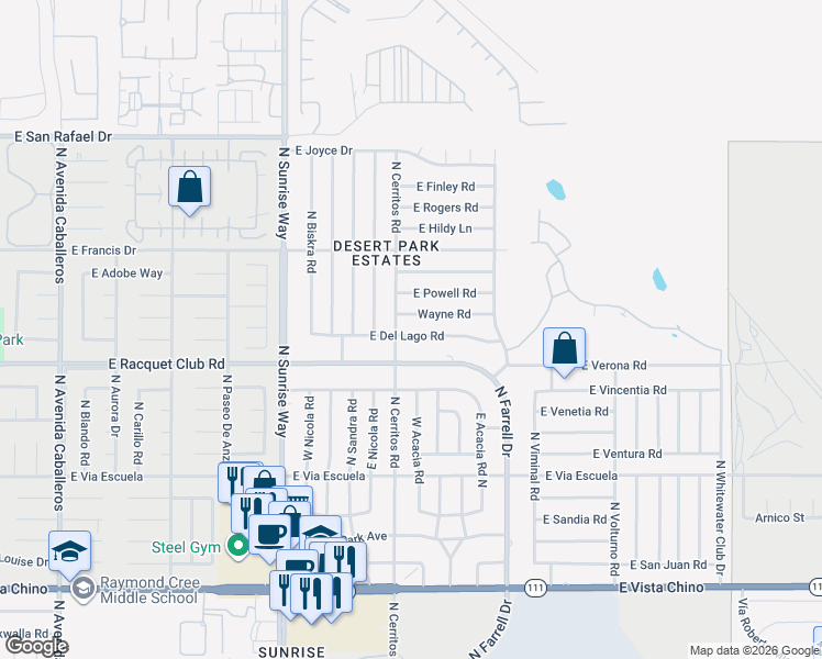map of restaurants, bars, coffee shops, grocery stores, and more near 2120 East Del Lago Road in Palm Springs