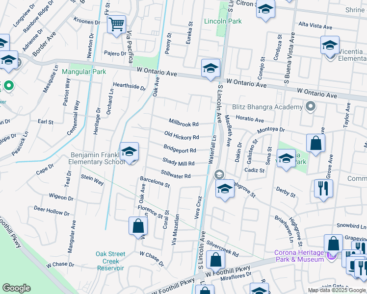 map of restaurants, bars, coffee shops, grocery stores, and more near 1185 Bridgeport Road in Corona