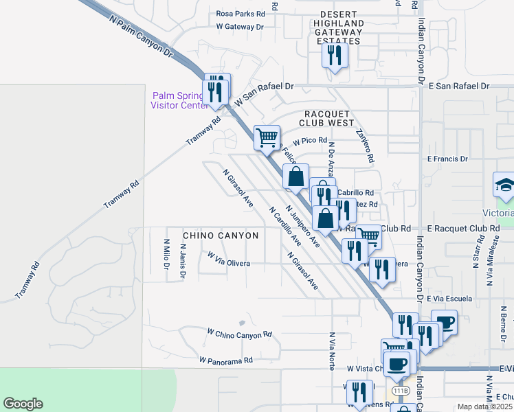 map of restaurants, bars, coffee shops, grocery stores, and more near 2622 North Girasol Avenue in Palm Springs
