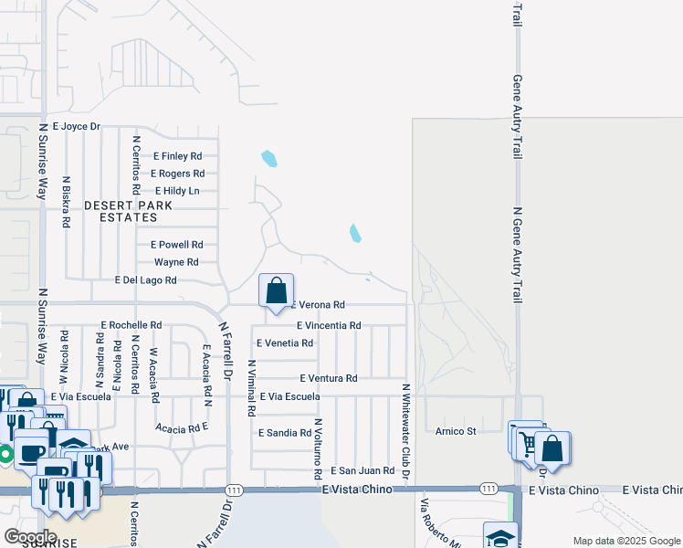 map of restaurants, bars, coffee shops, grocery stores, and more near 2521 North Whitewater Club Drive in Palm Springs