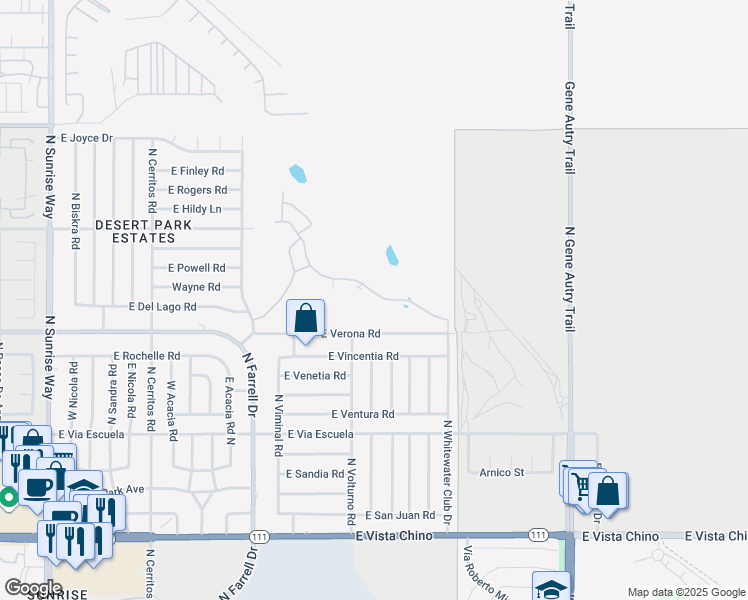 map of restaurants, bars, coffee shops, grocery stores, and more near 2521 North Whitewater Club Drive in Palm Springs