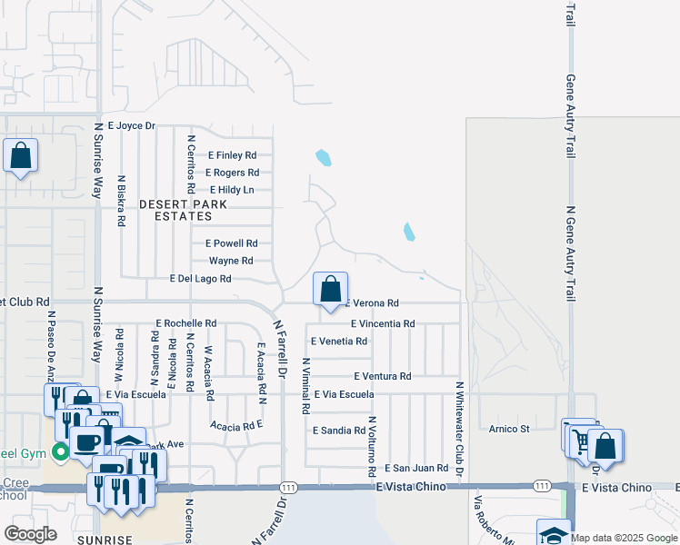 map of restaurants, bars, coffee shops, grocery stores, and more near 2567 North Whitewater Club Drive in Palm Springs