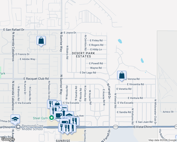 map of restaurants, bars, coffee shops, grocery stores, and more near 2125 Wayne Road in Palm Springs
