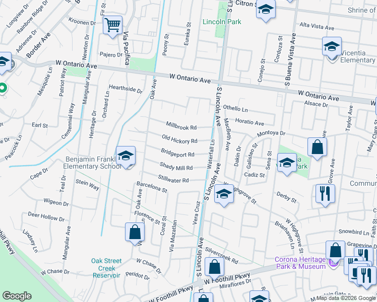 map of restaurants, bars, coffee shops, grocery stores, and more near 1185 Bridgeport Road in Corona