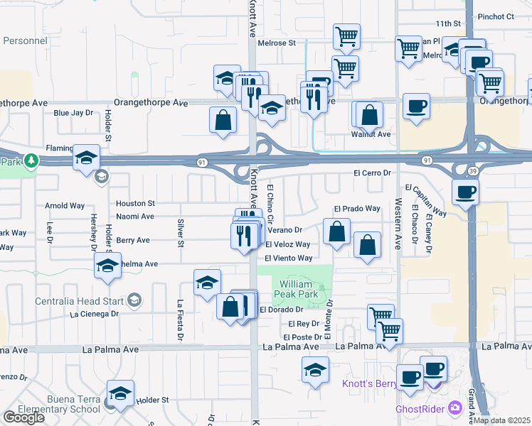 map of restaurants, bars, coffee shops, grocery stores, and more near 7524 El Cerro Drive in Buena Park