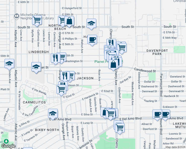 map of restaurants, bars, coffee shops, grocery stores, and more near 1690 East Plymouth Street in Long Beach
