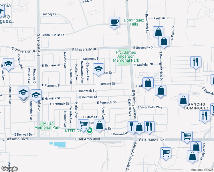 map of restaurants, bars, coffee shops, grocery stores, and more near 1738 East Turmont Street in Carson