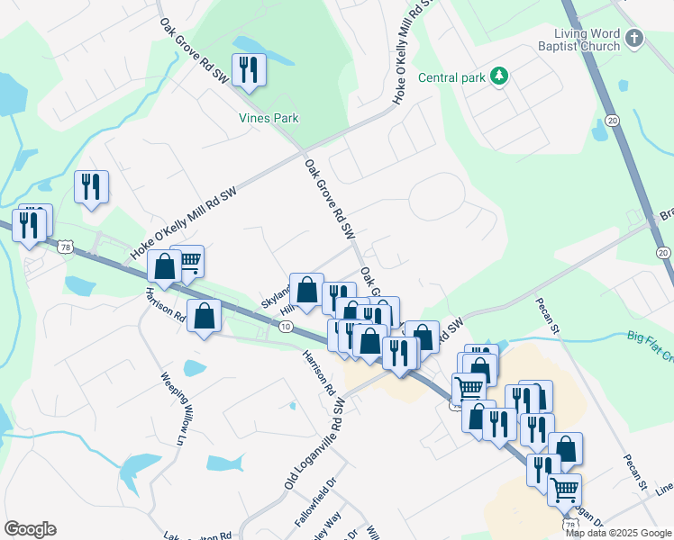 map of restaurants, bars, coffee shops, grocery stores, and more near 190 Skyland Drive in Loganville