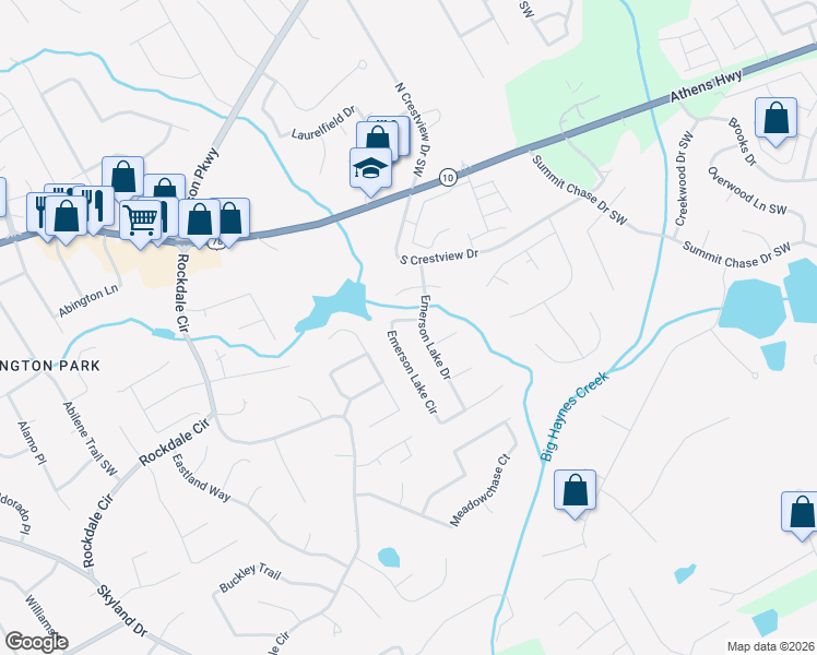map of restaurants, bars, coffee shops, grocery stores, and more near 1724 Emerson Lake Circle in Snellville