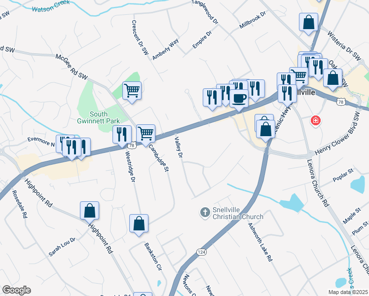 map of restaurants, bars, coffee shops, grocery stores, and more near 2258 Valley Drive in Snellville