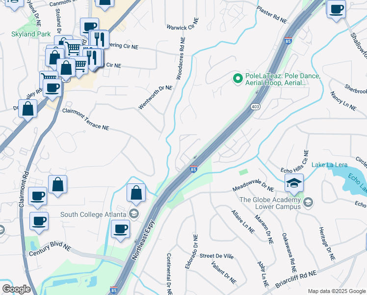 map of restaurants, bars, coffee shops, grocery stores, and more near 17301 Skyline Lane Northeast in Atlanta