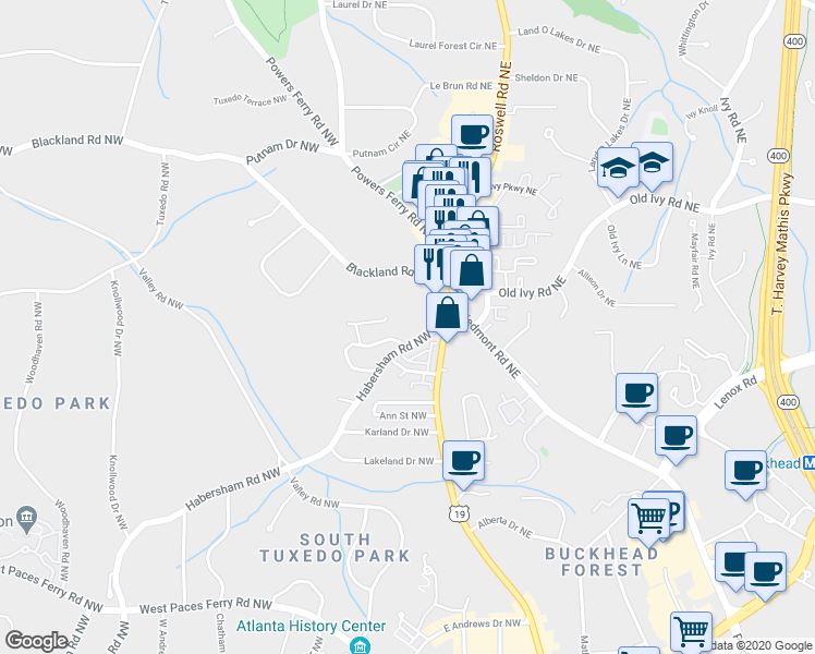 map of restaurants, bars, coffee shops, grocery stores, and more near 3636 Habersham Road Northwest in Atlanta