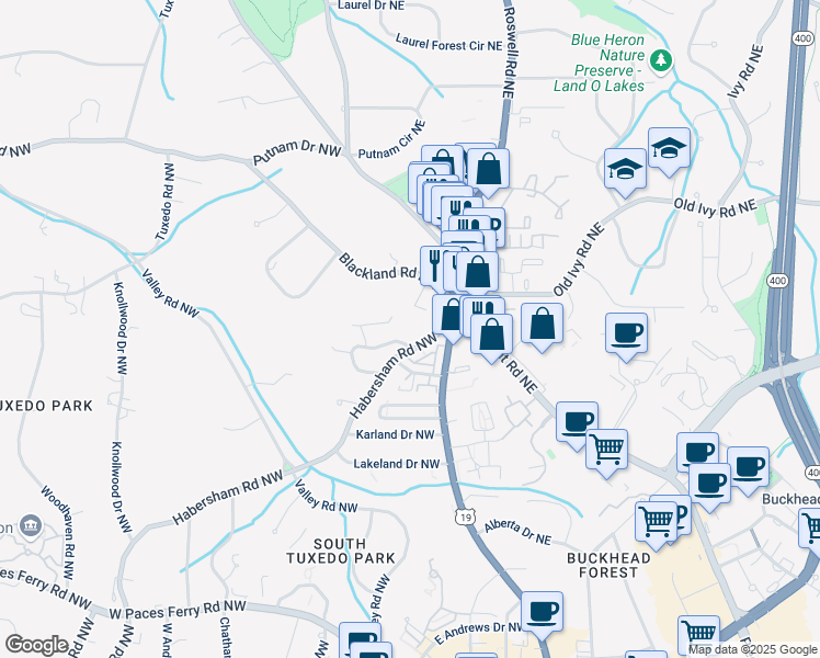 map of restaurants, bars, coffee shops, grocery stores, and more near 3636 Habersham Road Northwest in Atlanta