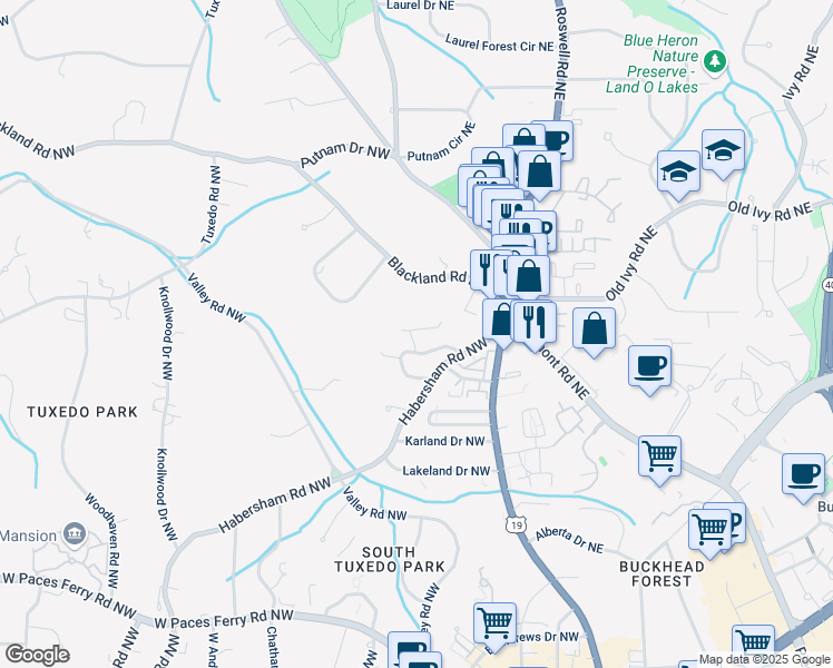 map of restaurants, bars, coffee shops, grocery stores, and more near 63 Habersham Cove Lane Northwest in Atlanta