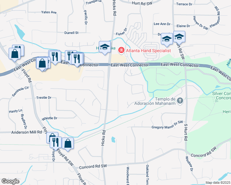 map of restaurants, bars, coffee shops, grocery stores, and more near 4192 Alaina Circle in Austell