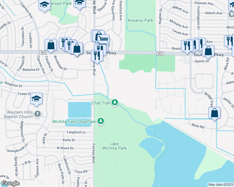 map of restaurants, bars, coffee shops, grocery stores, and more near 4800-4998 Likins Circle in Wichita Falls
