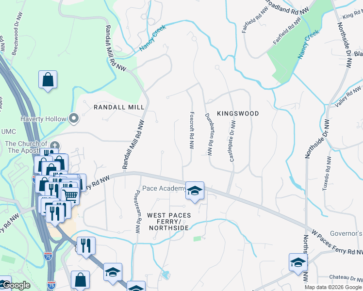 map of restaurants, bars, coffee shops, grocery stores, and more near 3597 Rembrandt Road Northwest in Atlanta