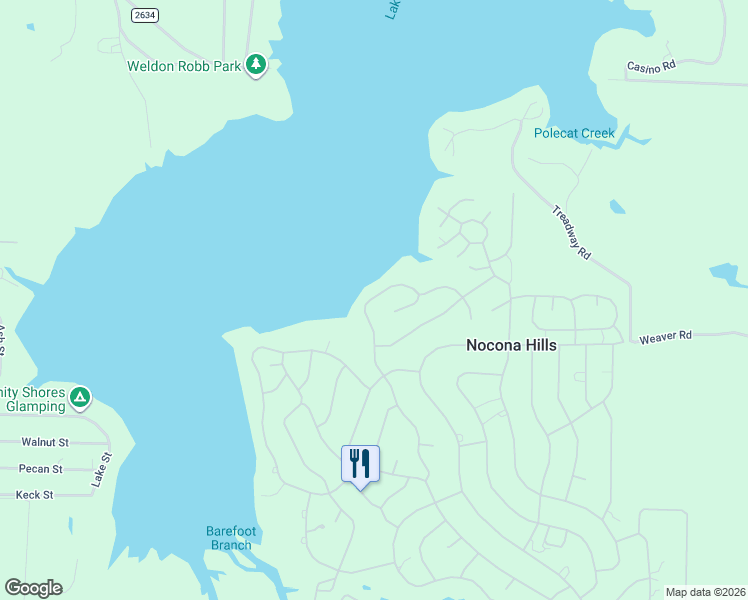 map of restaurants, bars, coffee shops, grocery stores, and more near 164 Cherokee Trail in Nocona