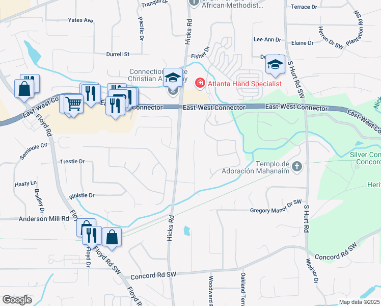 map of restaurants, bars, coffee shops, grocery stores, and more near 4192 Alaina Circle in Austell