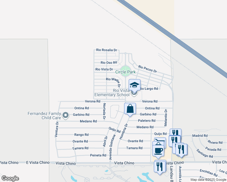 map of restaurants, bars, coffee shops, grocery stores, and more near 67510 Rio Largo Road in Cathedral City