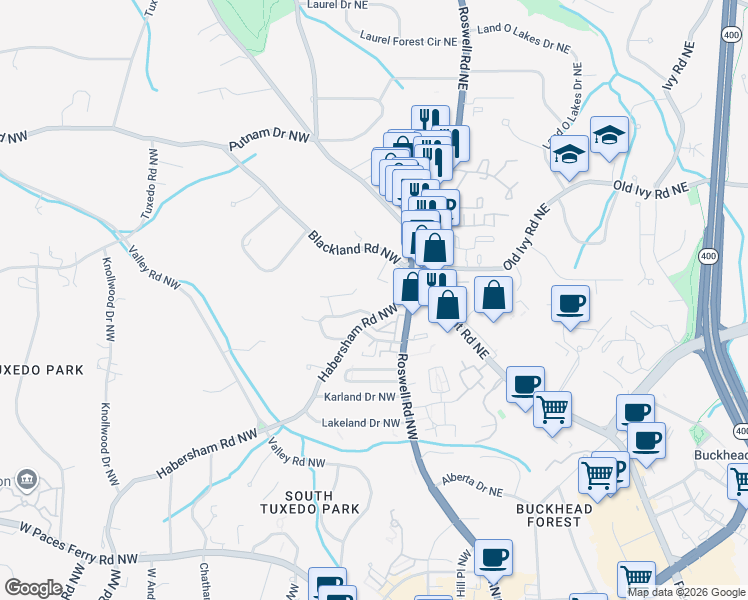 map of restaurants, bars, coffee shops, grocery stores, and more near 3636 Habersham Road Northwest in Atlanta