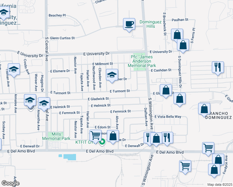 map of restaurants, bars, coffee shops, grocery stores, and more near 1738 East Turmont Street in Carson