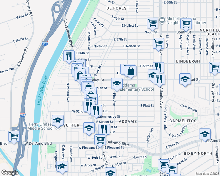 map of restaurants, bars, coffee shops, grocery stores, and more near 159 E Plymouth St in Long Beach