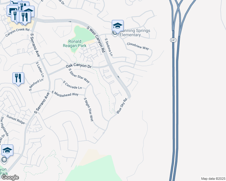 map of restaurants, bars, coffee shops, grocery stores, and more near 1218 South Country Glen Way in Anaheim