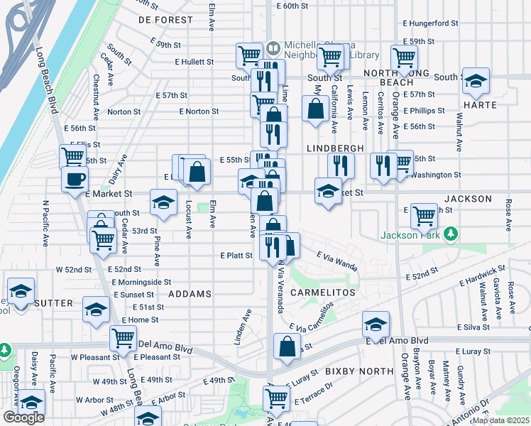 map of restaurants, bars, coffee shops, grocery stores, and more near 5361 Atlantic Avenue in Long Beach
