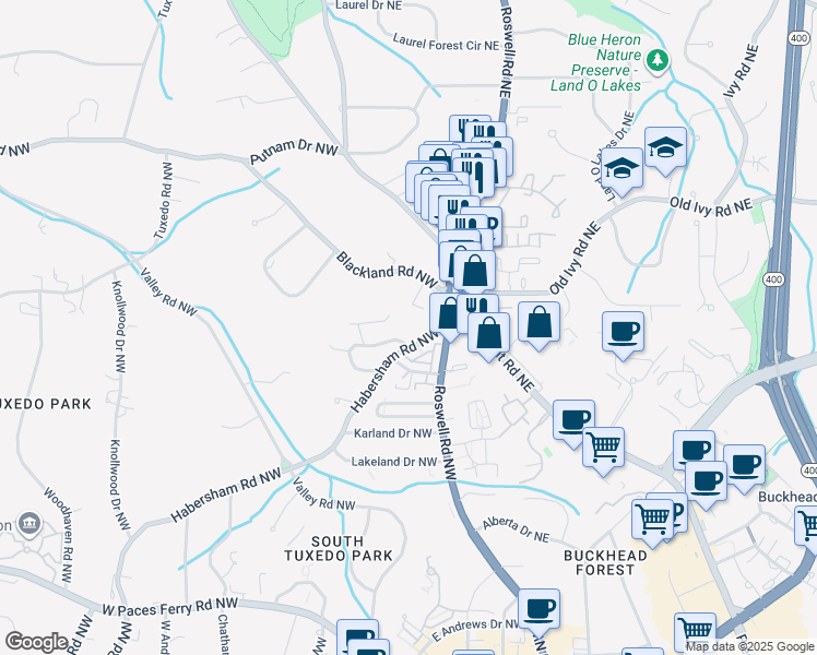 map of restaurants, bars, coffee shops, grocery stores, and more near 3636 Habersham Road Northwest in Atlanta