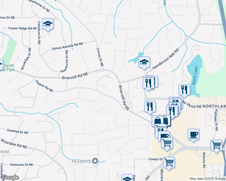map of restaurants, bars, coffee shops, grocery stores, and more near 4599 Briarcliff Road Northeast in Atlanta