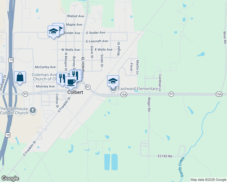 map of restaurants, bars, coffee shops, grocery stores, and more near 407 Eastward Avenue in Colbert