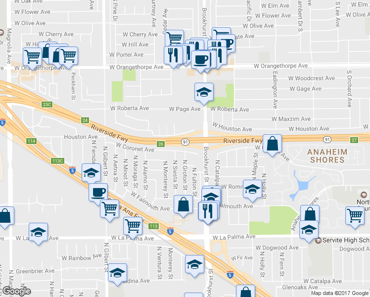 map of restaurants, bars, coffee shops, grocery stores, and more near 2235 West Coronet Avenue in Anaheim