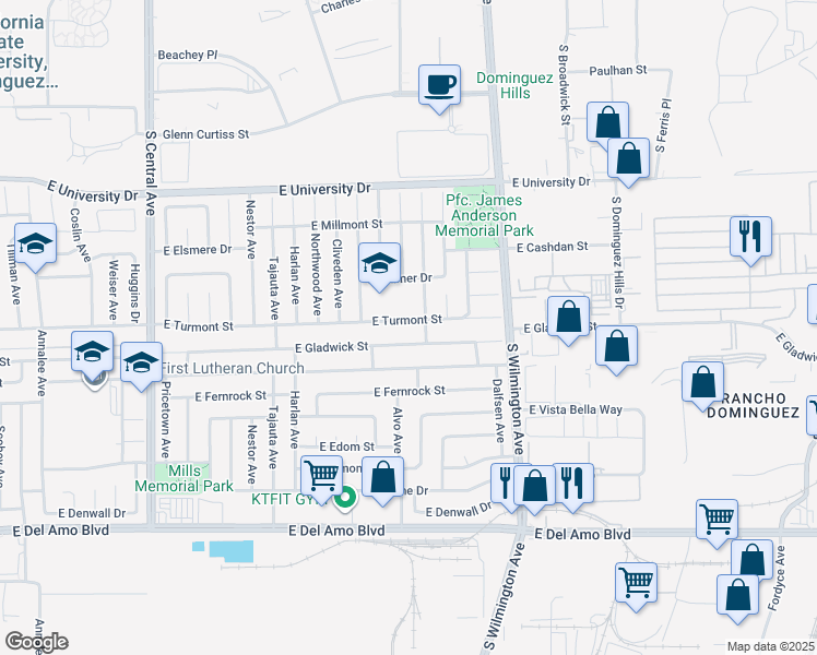 map of restaurants, bars, coffee shops, grocery stores, and more near 1738 East Turmont Street in Carson