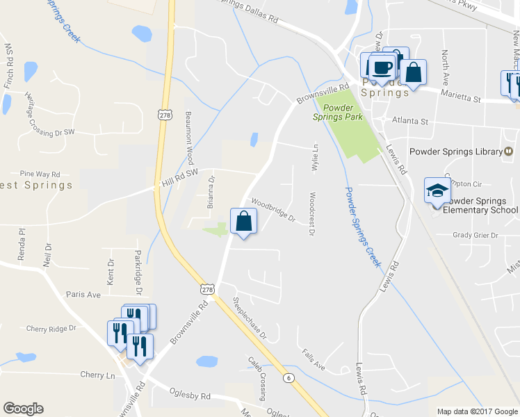 map of restaurants, bars, coffee shops, grocery stores, and more near 4681 Woodbridge Dr in Powder Springs