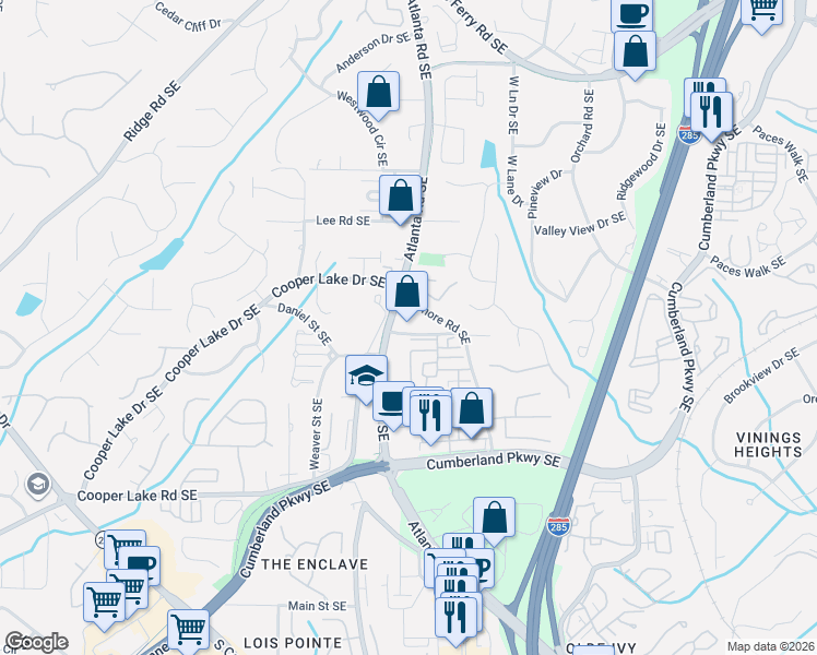map of restaurants, bars, coffee shops, grocery stores, and more near 4055 Atlanta Road Southeast in Smyrna
