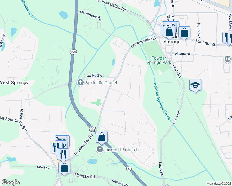 map of restaurants, bars, coffee shops, grocery stores, and more near 4681 Woodbridge Drive in Powder Springs