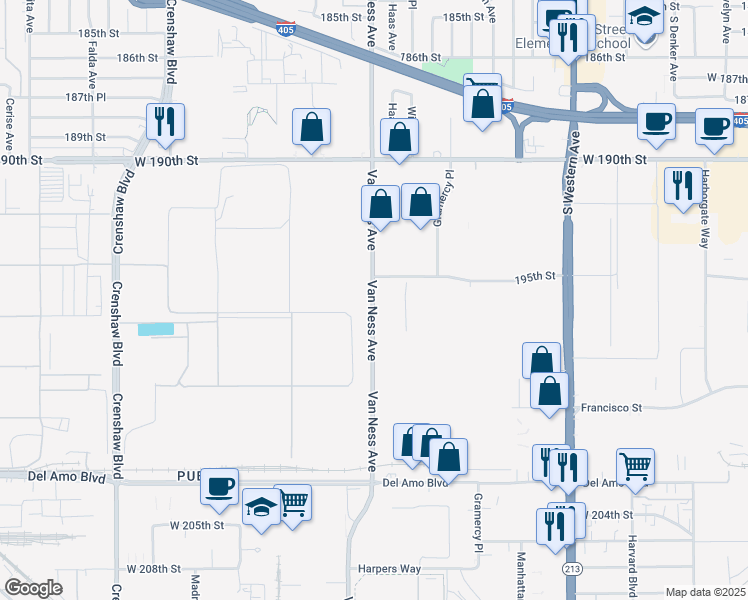 map of restaurants, bars, coffee shops, grocery stores, and more near 19750 Van Ness Avenue in Torrance
