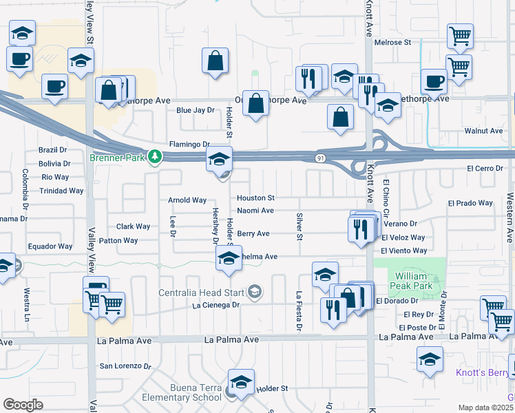 map of restaurants, bars, coffee shops, grocery stores, and more near 6601 Naomi Avenue in Buena Park